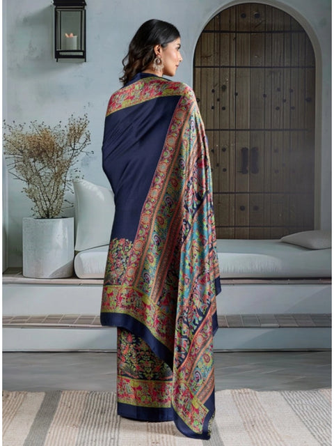 Women's Satin Crepe Printed Saree With Unstitched Blouse 5.5Mtr (Navy Blue)