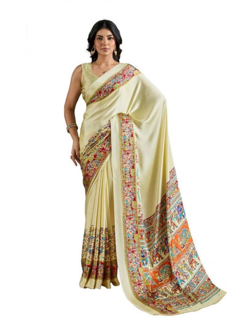 Women's Satin Crepe Printed Saree With Unstitched Blouse 5.5Mtr (Cream)