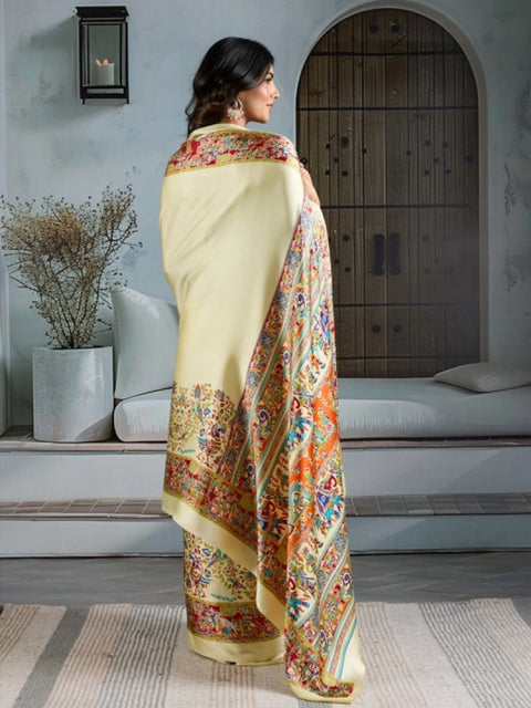 Women's Satin Crepe Printed Saree With Unstitched Blouse 5.5Mtr (Cream)