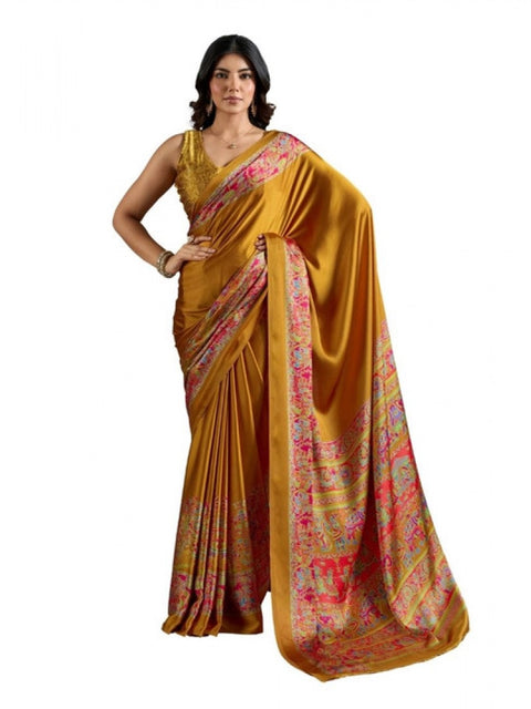 Women's Satin Crepe Printed Saree With Unstitched Blouse 5.5Mtr (Mustard)