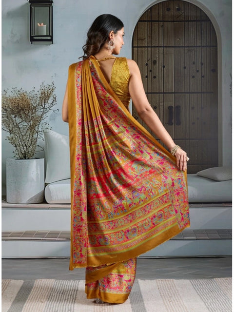 Women's Satin Crepe Printed Saree With Unstitched Blouse 5.5Mtr (Mustard)