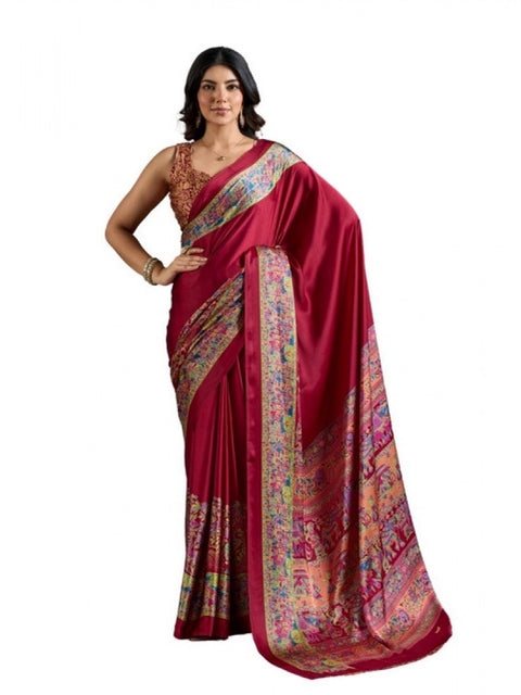 Women's Satin Crepe Printed Saree With Unstitched Blouse 5.5Mtr (Maroon)