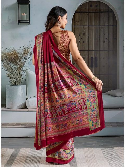Women's Satin Crepe Printed Saree With Unstitched Blouse 5.5Mtr (Maroon)