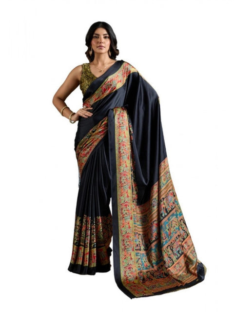 Women's Satin Crepe Printed Saree With Unstitched Blouse 5.5Mtr (Blue)