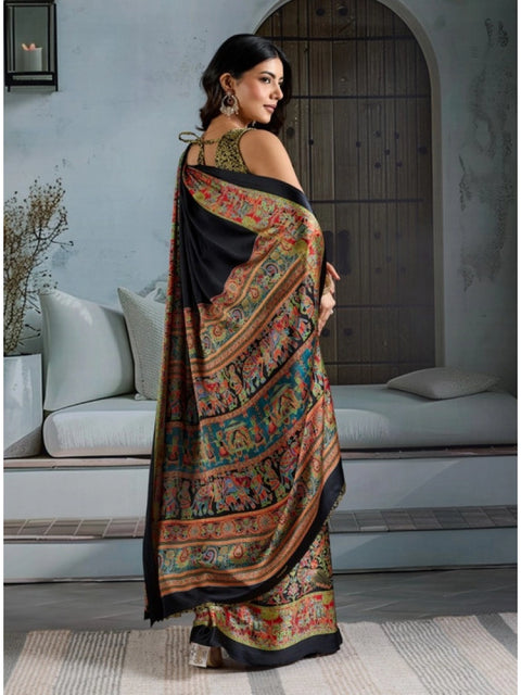 Women's Satin Crepe Printed Saree With Unstitched Blouse 5.5Mtr (Blue)