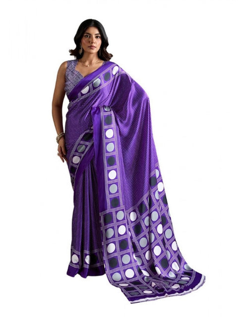 Women's Satin Crepe Printed Saree With Unstitched Blouse 5.5Mtr (Purple)