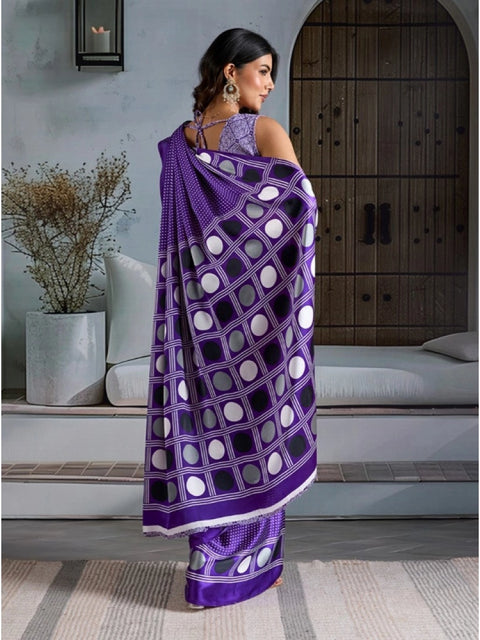 Women's Satin Crepe Printed Saree With Unstitched Blouse 5.5Mtr (Purple)