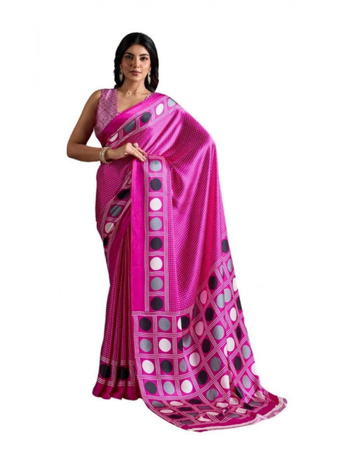 Women's Satin Crepe Printed Saree With Unstitched Blouse 5.5Mtr (Pink)