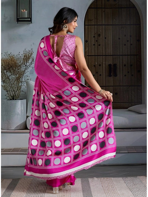 Women's Satin Crepe Printed Saree With Unstitched Blouse 5.5Mtr (Pink)