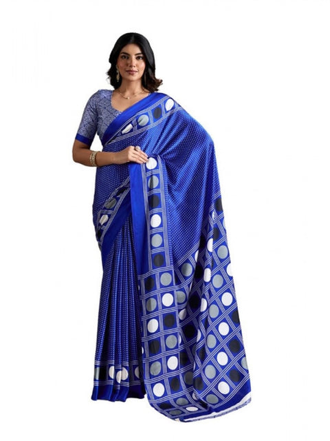 Women's Satin Crepe Printed Saree With Unstitched Blouse 5.5Mtr (Blue)