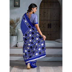 Generic Women's Satin Crepe Printed Saree With Unstitched Blouse 5.5Mtr (Blue)