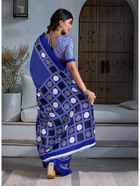 Women's Satin Crepe Printed Saree With Unstitched Blouse 5.5Mtr (Blue)