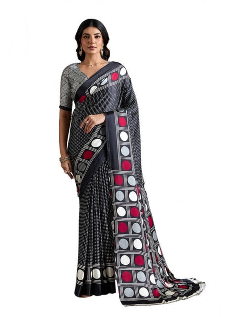 Women's Satin Crepe Printed Saree With Unstitched Blouse 5.5Mtr (Black)
