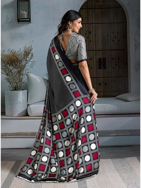Women's Satin Crepe Printed Saree With Unstitched Blouse 5.5Mtr (Black)