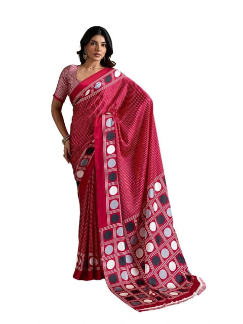 Women's Satin Crepe Printed Saree With Unstitched Blouse 5.5Mtr (Red)