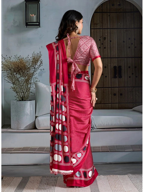 Women's Satin Crepe Printed Saree With Unstitched Blouse 5.5Mtr (Red)