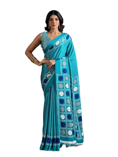 Women's Satin Crepe Printed Saree With Unstitched Blouse 5.5Mtr (Sky Blue)