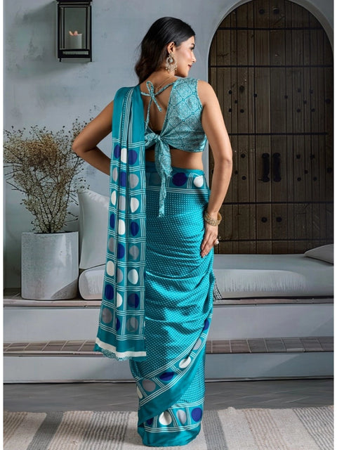 Women's Satin Crepe Printed Saree With Unstitched Blouse 5.5Mtr (Sky Blue)