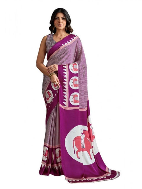 Women's Satin Crepe Printed Saree With Unstitched Blouse 5.5Mtr (Purple)