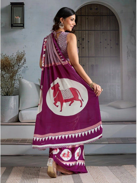 Women's Satin Crepe Printed Saree With Unstitched Blouse 5.5Mtr (Purple)