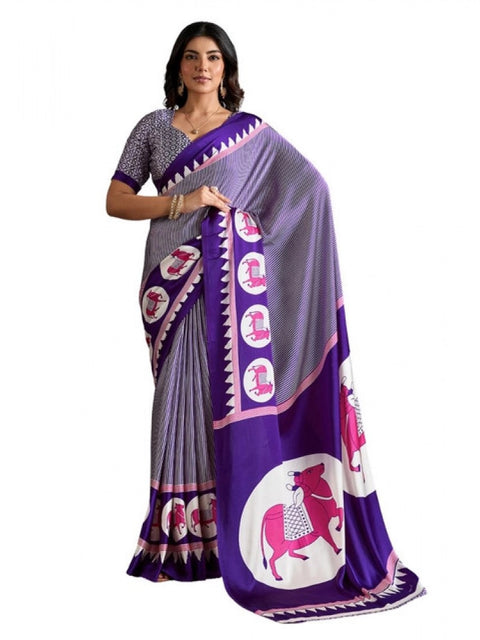 Women's Satin Crepe Printed Saree With Unstitched Blouse 5.5Mtr (Blue)