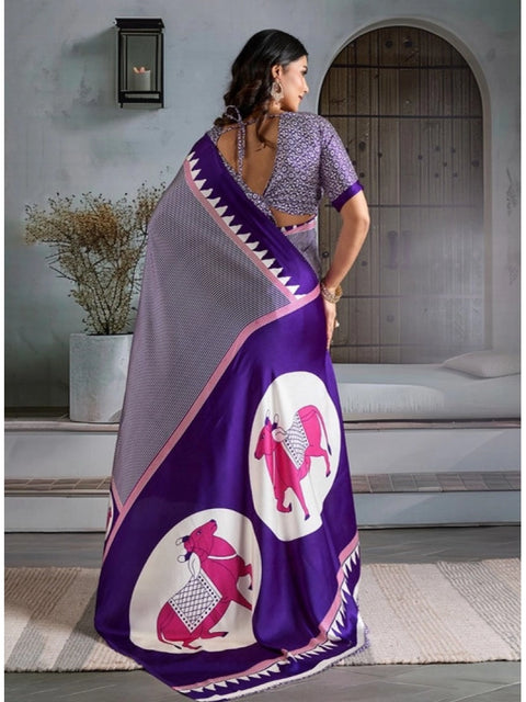 Women's Satin Crepe Printed Saree With Unstitched Blouse 5.5Mtr (Blue)