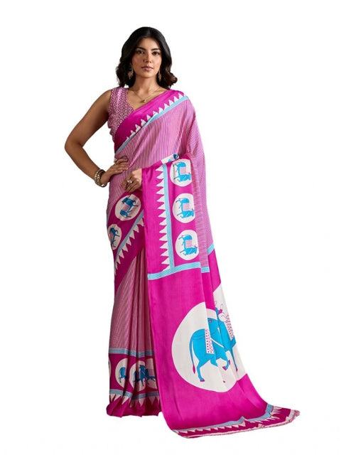 Women's Satin Crepe Printed Saree With Unstitched Blouse 5.5Mtr (Pink)
