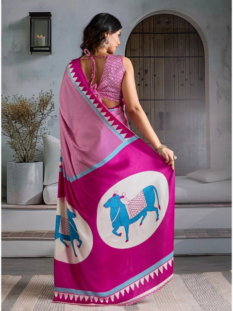 Women's Satin Crepe Printed Saree With Unstitched Blouse 5.5Mtr (Pink)