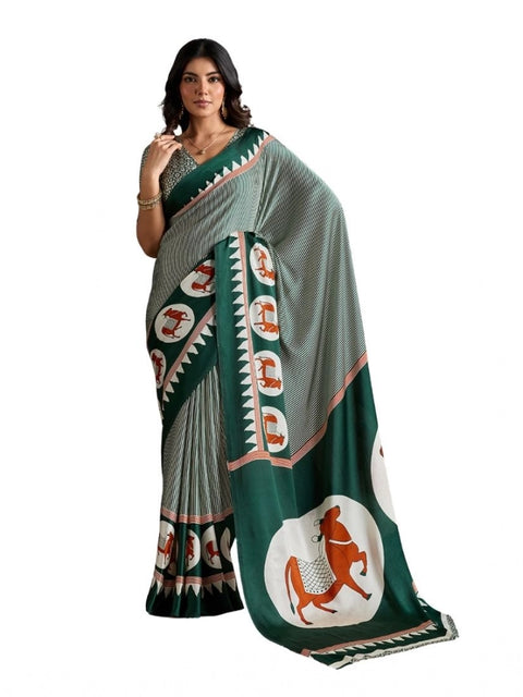 Women's Satin Crepe Printed Saree With Unstitched Blouse 5.5Mtr (Green)