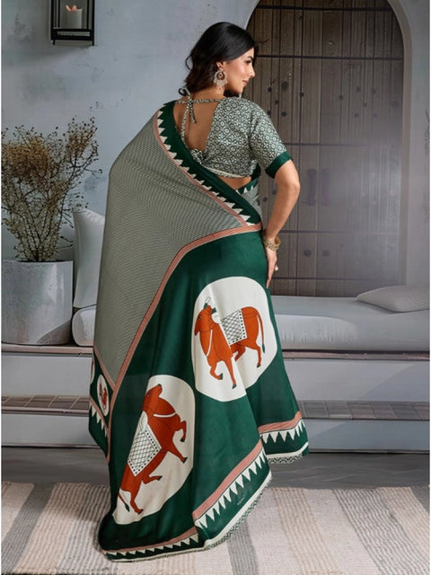 Women's Satin Crepe Printed Saree With Unstitched Blouse 5.5Mtr (Green)