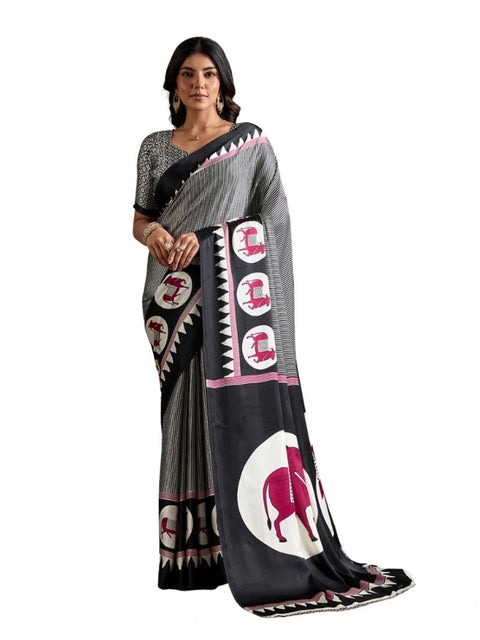 Women's Satin Crepe Printed Saree With Unstitched Blouse 5.5Mtr (Black)