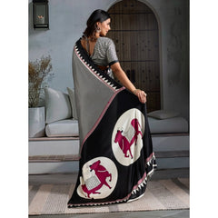 Generic Women's Satin Crepe Printed Saree With Unstitched Blouse 5.5Mtr (Black)