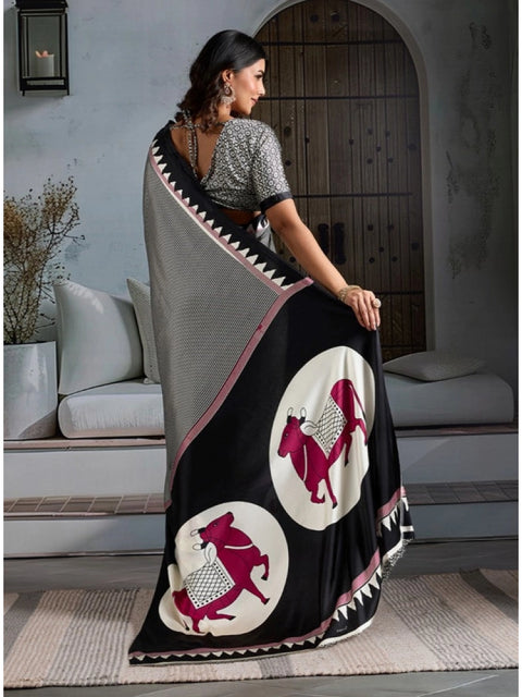 Women's Satin Crepe Printed Saree With Unstitched Blouse 5.5Mtr (Black)