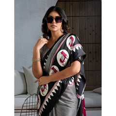 Generic Women's Satin Crepe Printed Saree With Unstitched Blouse 5.5Mtr (Black)