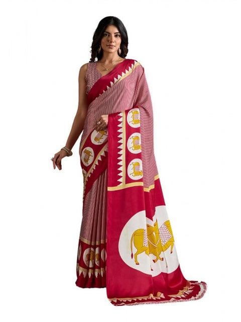 Women's Satin Crepe Printed Saree With Unstitched Blouse 5.5Mtr (Red)