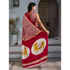 Generic Women's Satin Crepe Printed Saree With Unstitched Blouse 5.5Mtr (Red)