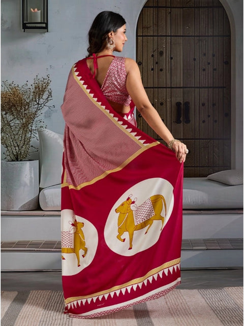 Women's Satin Crepe Printed Saree With Unstitched Blouse 5.5Mtr (Red)