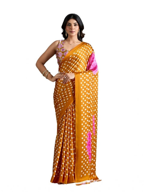 Women's Satin Crepe Printed Saree With Unstitched Blouse 5.5Mtr (Mustard)