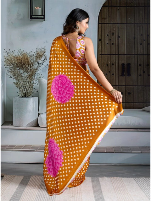Women's Satin Crepe Printed Saree With Unstitched Blouse 5.5Mtr (Mustard)