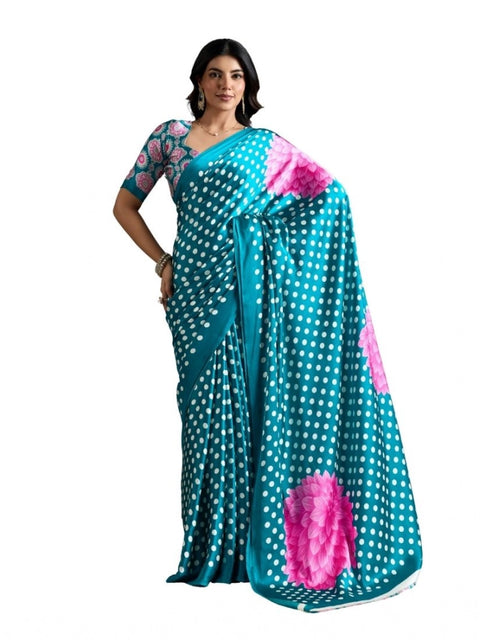 Women's Satin Crepe Printed Saree With Unstitched Blouse 5.5Mtr (Sky Blue)