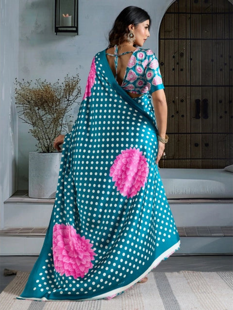 Women's Satin Crepe Printed Saree With Unstitched Blouse 5.5Mtr (Sky Blue)