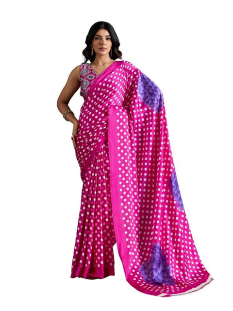 Women's Satin Crepe Printed Saree With Unstitched Blouse 5.5Mtr (Pink)