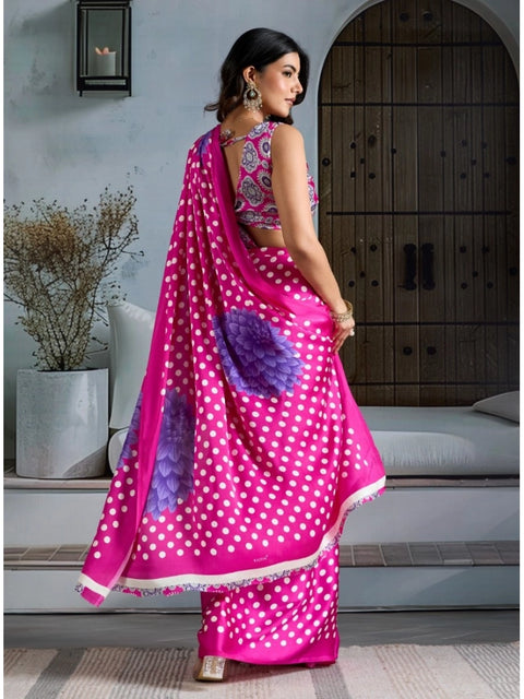 Women's Satin Crepe Printed Saree With Unstitched Blouse 5.5Mtr (Pink)