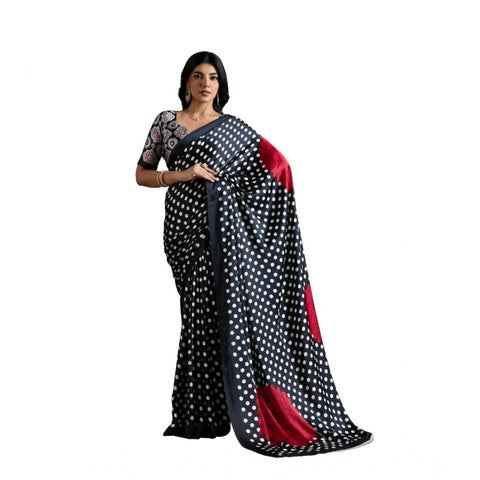 Generic Women's Satin Crepe Printed Saree With Unstitched Blouse 5.5Mtr (Black)