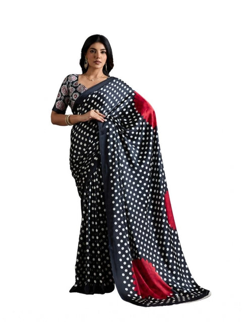 Women's Satin Crepe Printed Saree With Unstitched Blouse 5.5Mtr (Black)