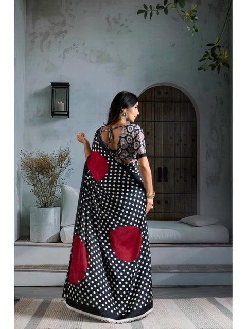 Women's Satin Crepe Printed Saree With Unstitched Blouse 5.5Mtr (Black)