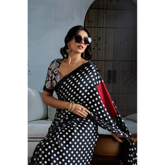 Generic Women's Satin Crepe Printed Saree With Unstitched Blouse 5.5Mtr (Black)