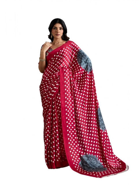 Women's Satin Crepe Printed Saree With Unstitched Blouse 5.5Mtr (Red)