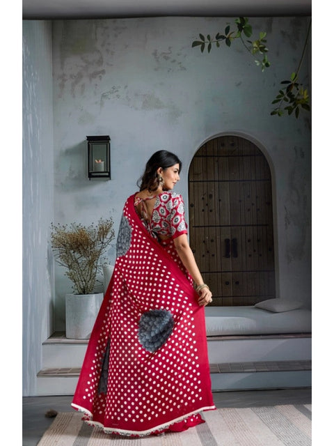 Women's Satin Crepe Printed Saree With Unstitched Blouse 5.5Mtr (Red)