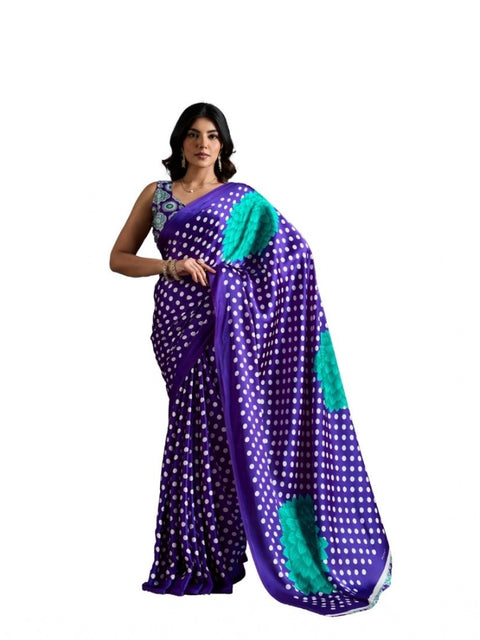 Women's Satin Crepe Printed Saree With Unstitched Blouse 5.5Mtr (Purple)